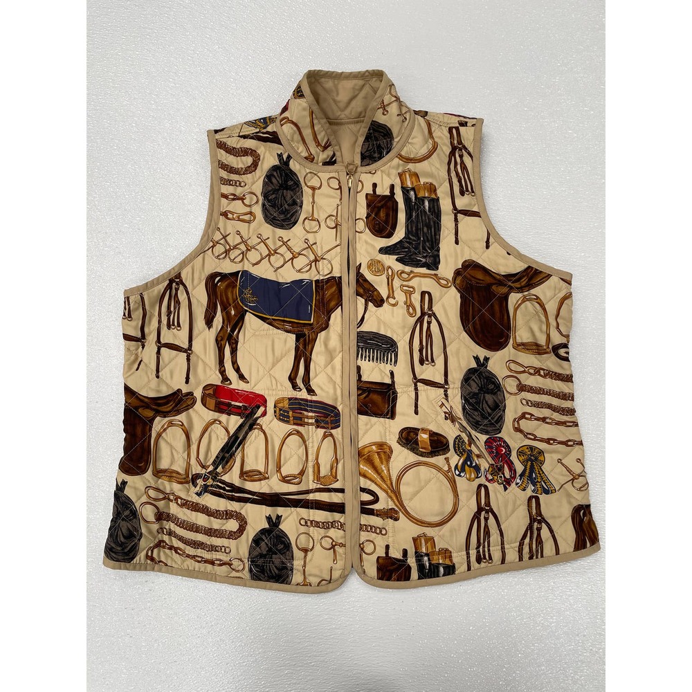 Ralph Lauren LRL Reversible Quilted Vest Silk Equestrian Horse Bit Print Size 1X